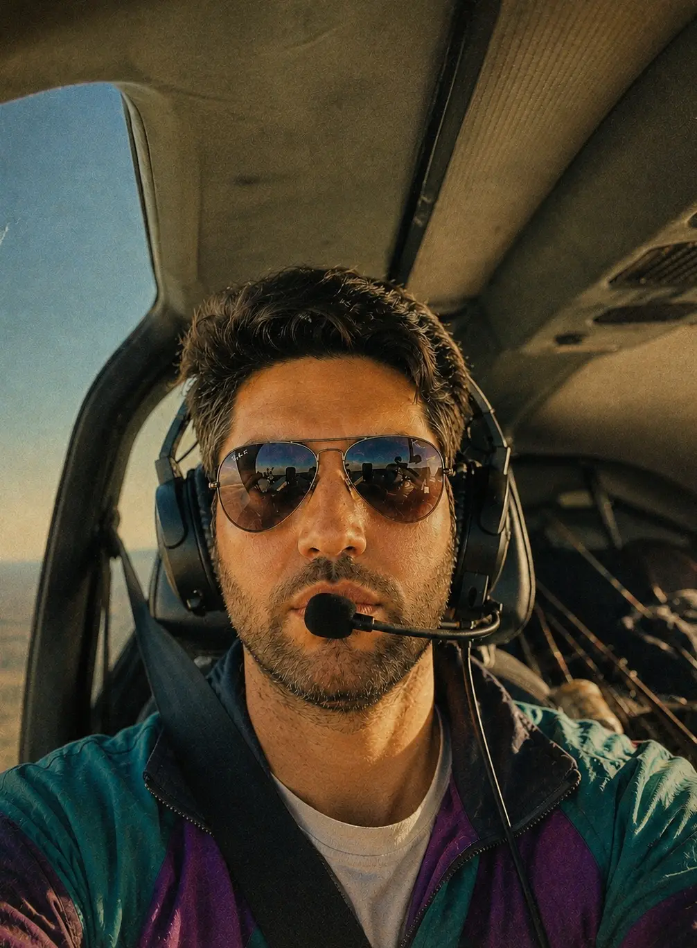 Selbstporträt im Cockpit mit Headset und Sonnenbrille, im Hintergrund der Horizont im Abendlicht