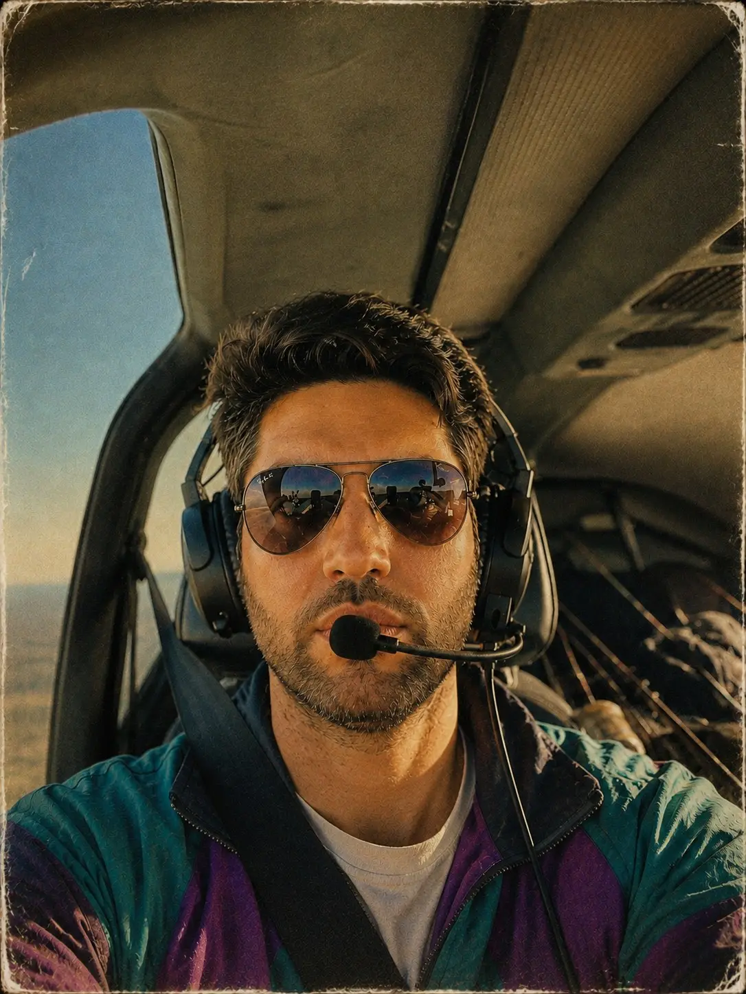 Selbstporträt im Cockpit mit Headset und Sonnenbrille, im Hintergrund der Horizont im Abendlicht